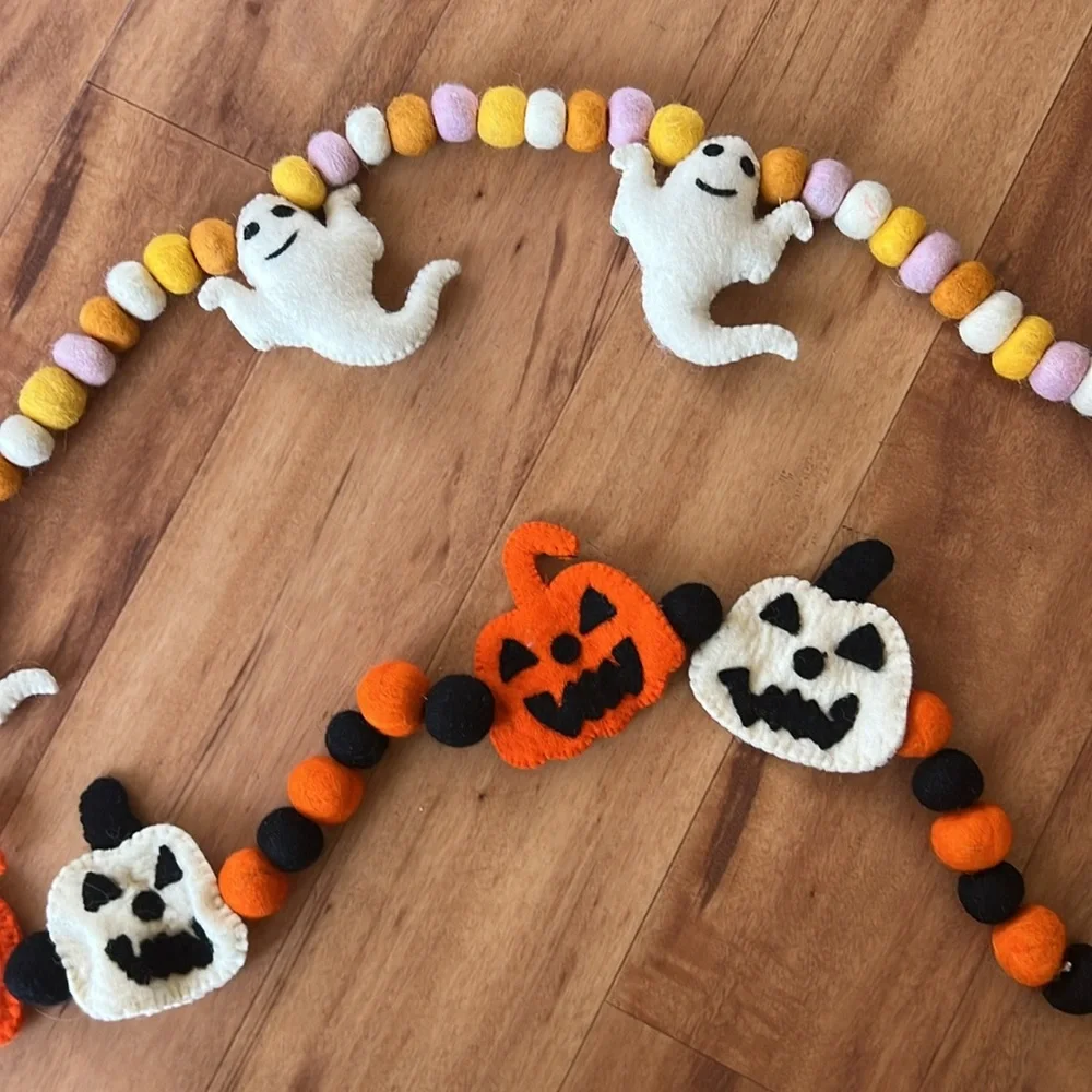 Two Halloween wool buntings, ghost and pumpkin garland
